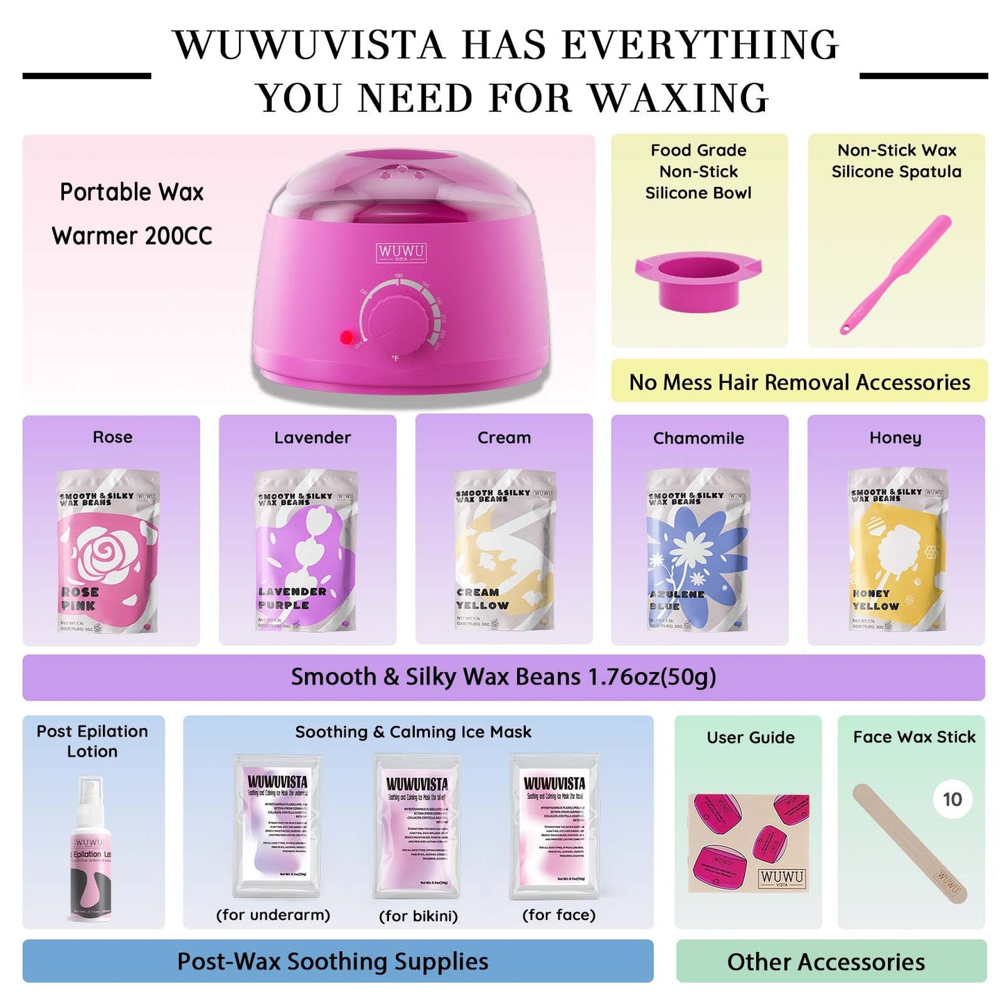 WUWUVISTA ワックスキット、 23アイテム 脱毛ワックスキット、 ワックスウォーマー、ワックスビーズなど 顔、ブラジリアン、全身、ビキニ、敏感肌用