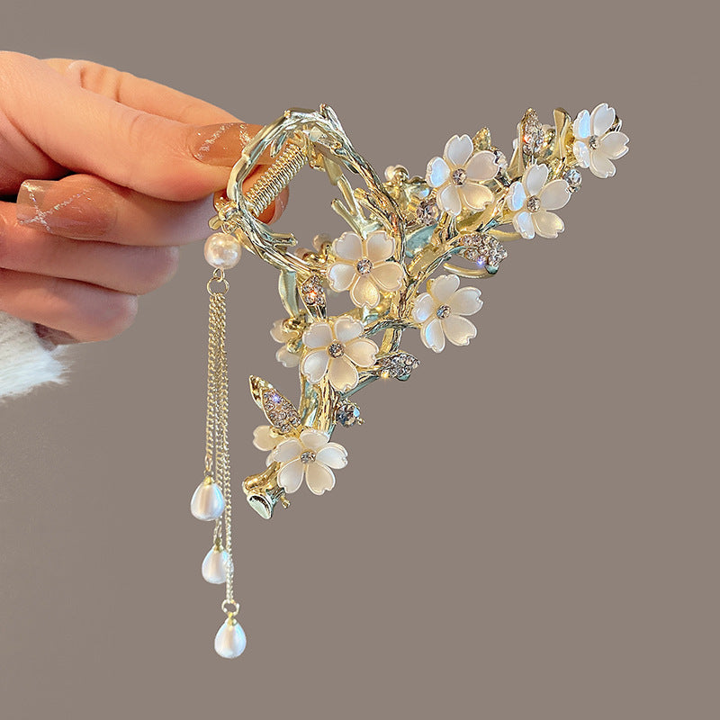 大きな金属製パールベルオーキッド、タッセルヘアクリップ