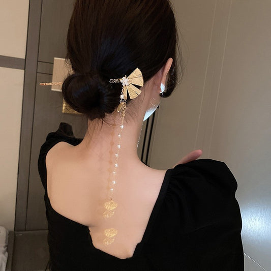 中国風扇花パールタッセル髪飾り
