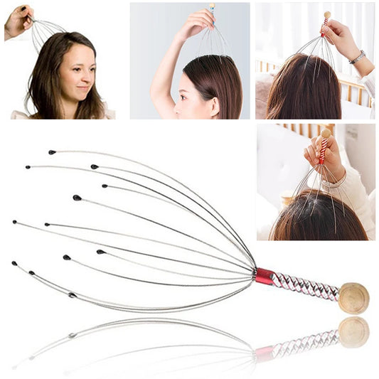 Octopus Head Massager Stainless Steel Engraved Head Relaxer Brain Massage Claw Scalp Scratcher Anti-Itch Random Color 1pc
